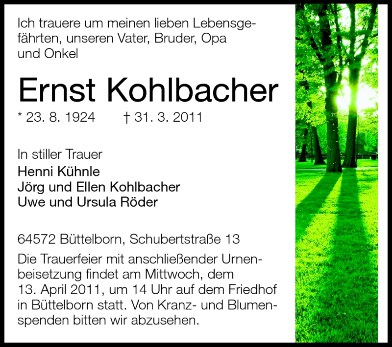  Traueranzeige für Ernst Kohlbacher vom 09.04.2011 aus Rüsselsheimer Echo, Groß-Gerauer-Echo, Ried Echo