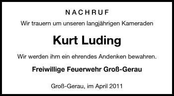 Traueranzeige von Kurt Luding von Rüsselsheimer Echo, Groß-Gerauer-Echo, Ried Echo