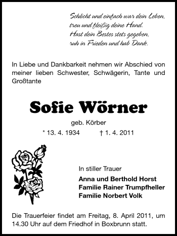 Traueranzeige von Sofie Wörner von Odenwälder Echo