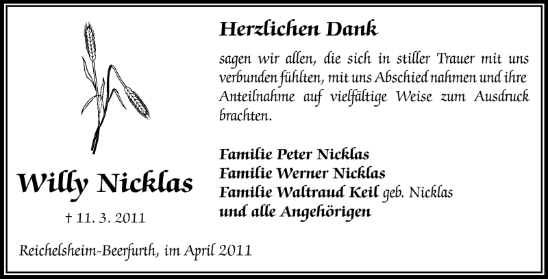  Traueranzeige für Willy Nicklas vom 09.04.2011 aus Odenwälder Echo