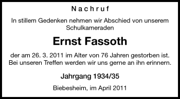 Traueranzeige von Ernst Fassoth von Rüsselsheimer Echo, Groß-Gerauer-Echo, Ried Echo