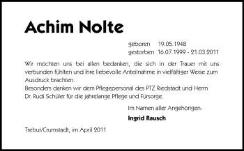 Traueranzeige von Achim Nolte von Rüsselsheimer Echo, Groß-Gerauer-Echo, Ried Echo