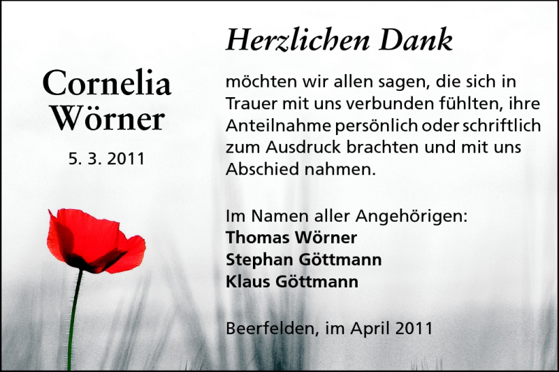  Traueranzeige für Cornelia Wörner vom 09.04.2011 aus Odenwälder Echo