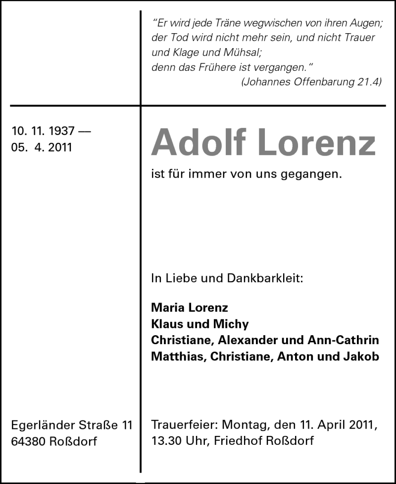  Traueranzeige für Adolf Lorenz vom 09.04.2011 aus Echo-Zeitungen (Gesamtausgabe)