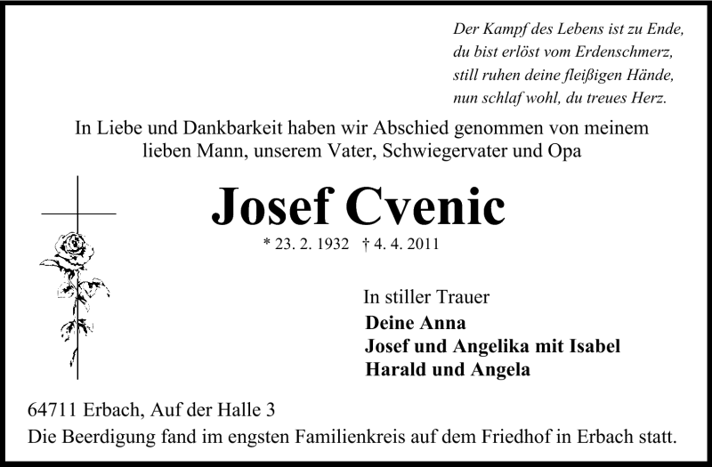  Traueranzeige für Josef Cvenic vom 09.04.2011 aus Odenwälder Echo