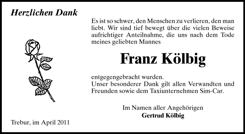 Traueranzeige für Franz Kölbig vom 08.04.2011 aus Rüsselsheimer Echo, Groß-Gerauer-Echo, Ried Echo