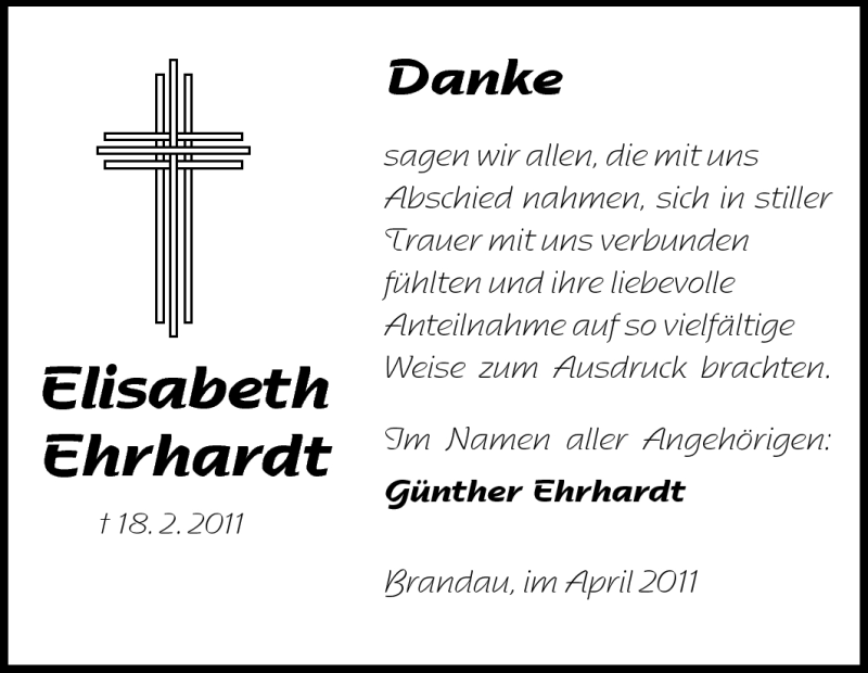  Traueranzeige für Elisabeth Ehrhardt vom 09.04.2011 aus Darmstädter Echo, Odenwälder Echo, Rüsselsheimer Echo, Groß-Gerauer-Echo, Ried Echo