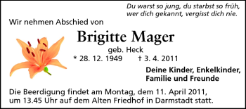 Traueranzeige von Brigitte Mager von Darmstädter Echo, Odenwälder Echo, Rüsselsheimer Echo, Groß-Gerauer-Echo, Ried Echo