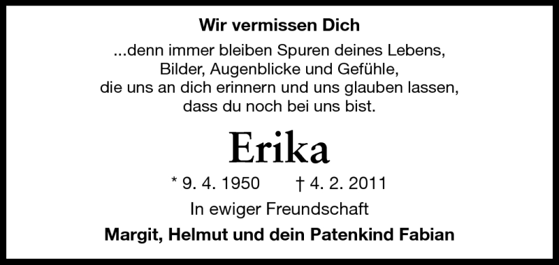  Traueranzeige für Erika Arras vom 09.04.2011 aus Odenwälder Echo