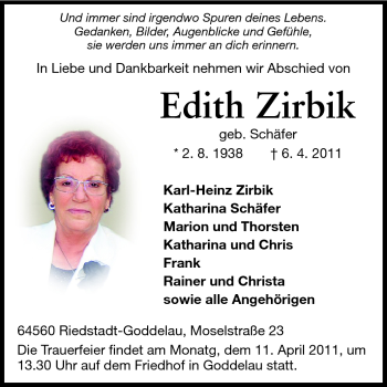 Traueranzeige von Edith Zirbik von Rüsselsheimer Echo, Groß-Gerauer-Echo, Ried Echo