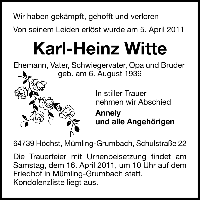  Traueranzeige für Karl-Heinz Witte vom 12.04.2011 aus Odenwälder Echo