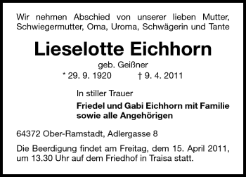 Traueranzeige von Lieselotte Eichhorn von Echo-Zeitungen (Gesamtausgabe)
