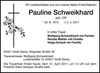 Traueranzeige von Pauline Schweikhard von Rüsselsheimer Echo, Groß-Gerauer-Echo, Ried Echo