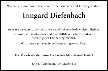 Traueranzeige von Irmgard Diefenbach von Darmstädter Echo, Odenwälder Echo, Rüsselsheimer Echo, Groß-Gerauer-Echo, Ried Echo