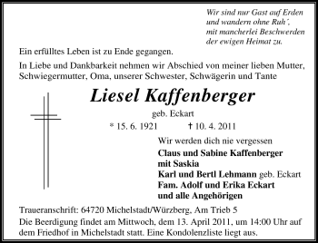 Traueranzeige von Liesel Kaffenberger von Odenwälder Echo