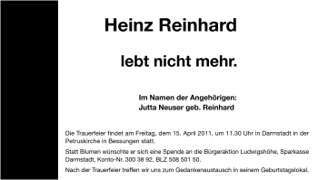 Traueranzeige von Heinz Reinhard von Darmstädter Echo, Odenwälder Echo, Rüsselsheimer Echo, Groß-Gerauer-Echo, Ried Echo