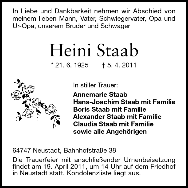  Traueranzeige für Heini Staab vom 16.04.2011 aus Odenwälder Echo
