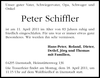 Traueranzeige von Peter Schiffler von Darmstädter Echo, Odenwälder Echo, Rüsselsheimer Echo, Groß-Gerauer-Echo, Ried Echo