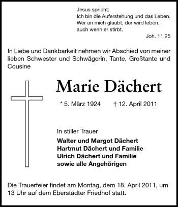 Traueranzeige von Marie Dächert von Echo-Zeitungen (Gesamtausgabe)