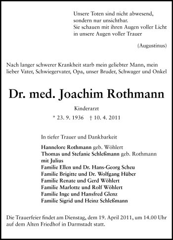 Traueranzeige von Joachim Rothmann von Darmstädter Echo, Odenwälder Echo, Rüsselsheimer Echo, Groß-Gerauer-Echo, Ried Echo