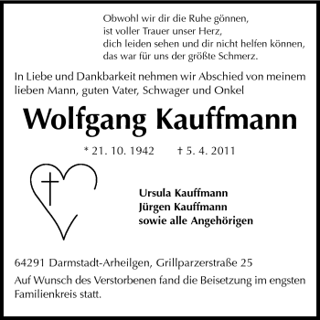 Traueranzeige von Wolfgang Kauffmann von Echo-Zeitungen (Gesamtausgabe)