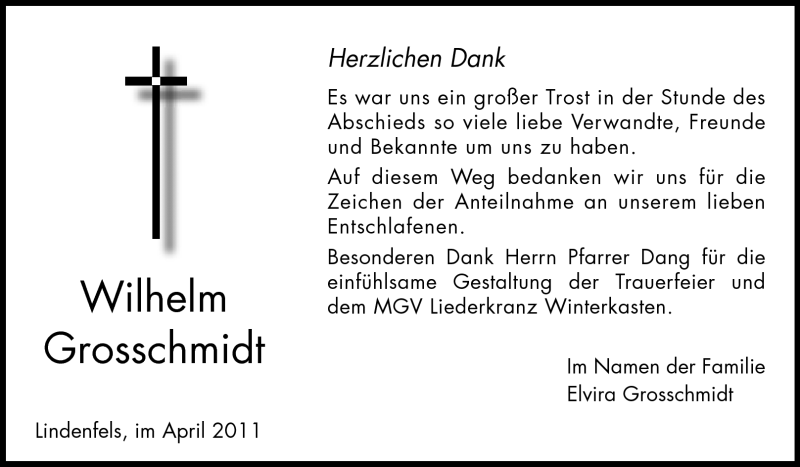  Traueranzeige für Wilhelm Grosschmidt vom 16.04.2011 aus Darmstädter Echo, Odenwälder Echo, Rüsselsheimer Echo, Groß-Gerauer-Echo, Ried Echo