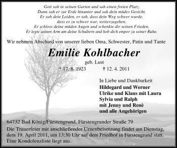 Traueranzeige von Emilie Kohlbacher von Odenwälder Echo