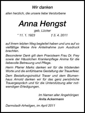 Traueranzeige von Anna Hengst von Echo-Zeitungen (Gesamtausgabe)