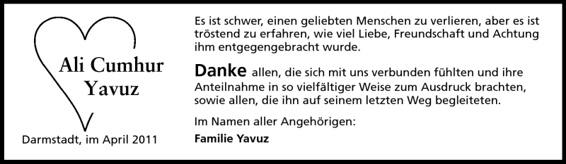  Traueranzeige für Ali Cumhur Yavuz vom 16.04.2011 aus Darmstädter Echo, Odenwälder Echo, Rüsselsheimer Echo, Groß-Gerauer-Echo, Ried Echo