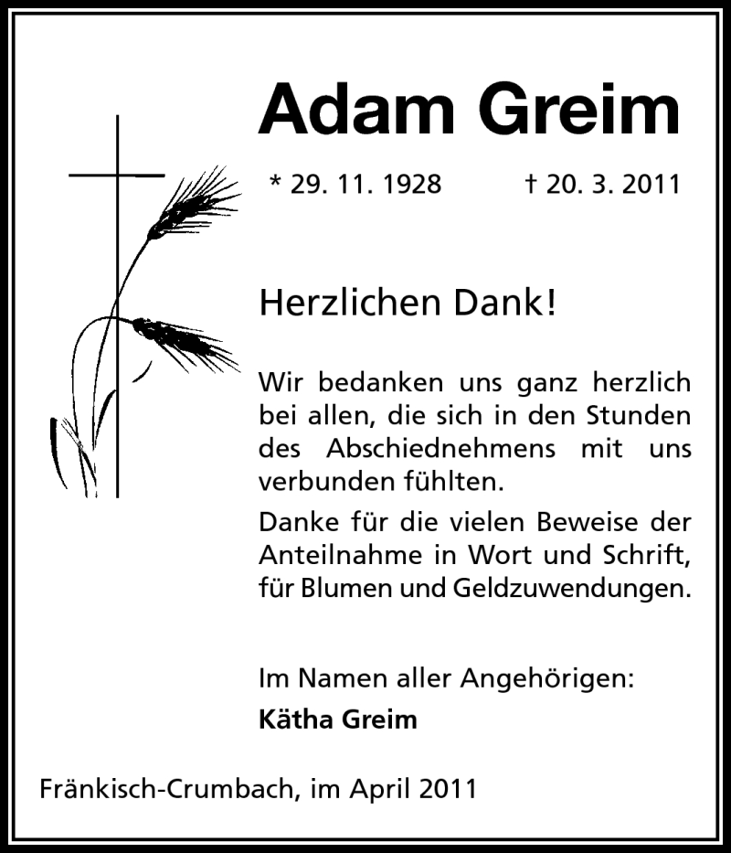  Traueranzeige für Adam Greim vom 16.04.2011 aus Echo-Zeitungen (Gesamtausgabe)