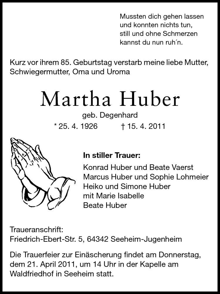  Traueranzeige für Martha Huber vom 18.04.2011 aus Echo-Zeitungen (Gesamtausgabe)