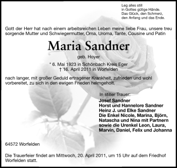 Traueranzeige von Maria Sandner von Rüsselsheimer Echo, Groß-Gerauer-Echo, Ried Echo