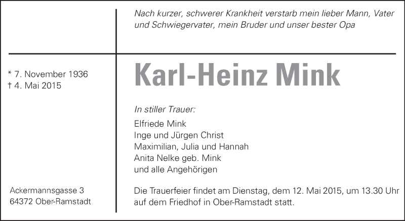  Traueranzeige für Karl-Heinz Mink vom 09.05.2015 aus Echo-Zeitungen (Gesamtausgabe)