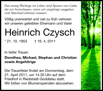 Traueranzeige von Heinrich Czysch von Rüsselsheimer Echo, Groß-Gerauer-Echo, Ried Echo