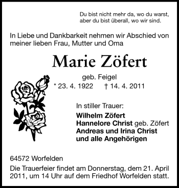 Traueranzeige von Marie Zöfert von Rüsselsheimer Echo, Groß-Gerauer-Echo, Ried Echo