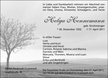 Traueranzeige von Helga Hennemann von Rüsselsheimer Echo, Groß-Gerauer-Echo, Ried Echo