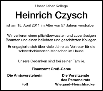 Traueranzeige von Heinrich Czysch von Rüsselsheimer Echo, Groß-Gerauer-Echo, Ried Echo