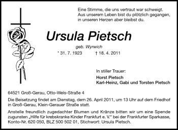 Traueranzeige von Ursula Pietsch von Rüsselsheimer Echo, Groß-Gerauer-Echo, Ried Echo