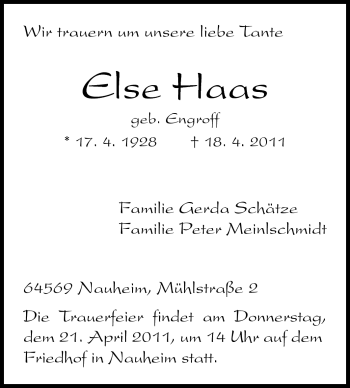 Traueranzeige von Else Haas von Rüsselsheimer Echo, Groß-Gerauer-Echo, Ried Echo
