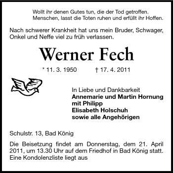 Traueranzeige von Werner Fech von Echo-Zeitungen (Gesamtausgabe)