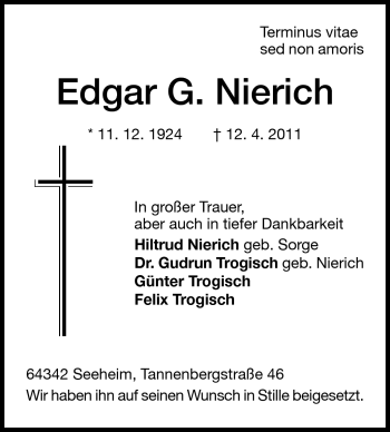 Traueranzeige von Edgar G. Nierich von Echo-Zeitungen (Gesamtausgabe)