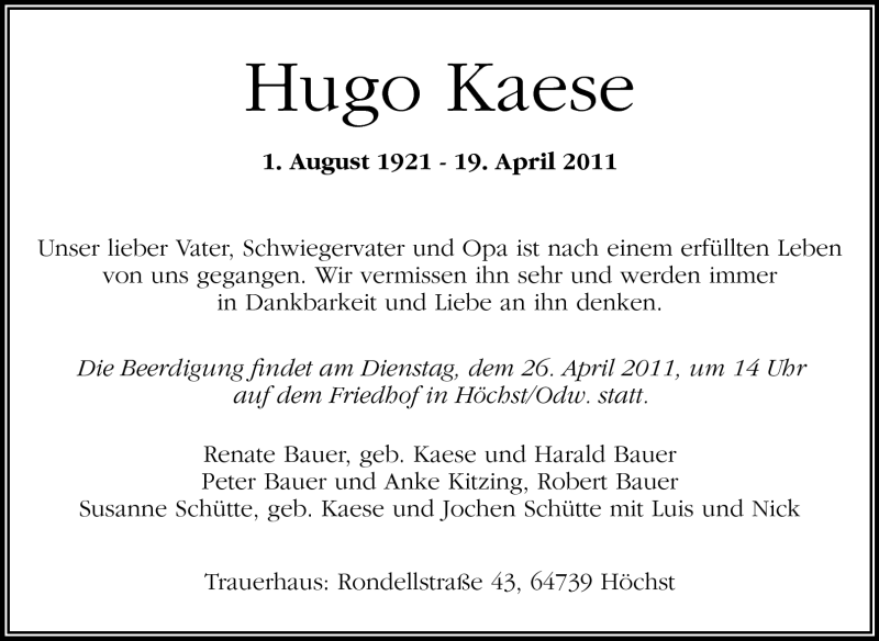  Traueranzeige für Hugo Kaese vom 23.04.2011 aus Odenwälder Echo