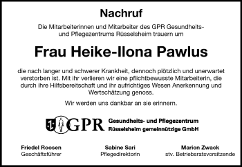 Traueranzeige von Heike-Ilona Pawlus von Rüsselsheimer Echo, Groß-Gerauer-Echo, Ried Echo