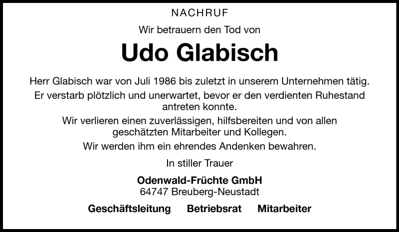  Traueranzeige für Udo Glabisch vom 23.04.2011 aus Odenwälder Echo