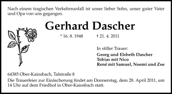 Traueranzeige von Gerhard Dascher von Odenwälder Echo