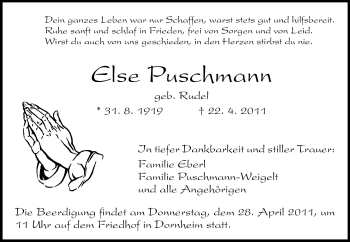 Traueranzeige von Else Puschmann von Rüsselsheimer Echo, Groß-Gerauer-Echo, Ried Echo