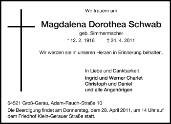 Traueranzeige von Magdalena Dorothea Schwab von Rüsselsheimer Echo, Groß-Gerauer-Echo, Ried Echo