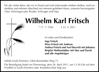 Traueranzeige von Wilhelm Karl Fritsch von Echo-Zeitungen (Gesamtausgabe)