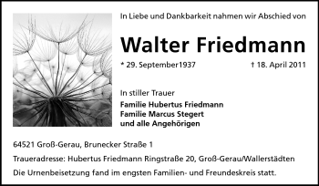 Traueranzeige von Walter Friedmann von Rüsselsheimer Echo, Groß-Gerauer-Echo, Ried Echo