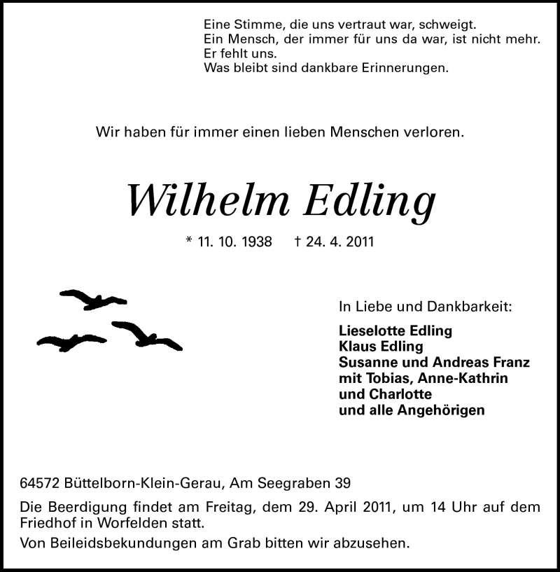  Traueranzeige für Wilhelm Edling vom 27.04.2011 aus Rüsselsheimer Echo, Groß-Gerauer-Echo, Ried Echo